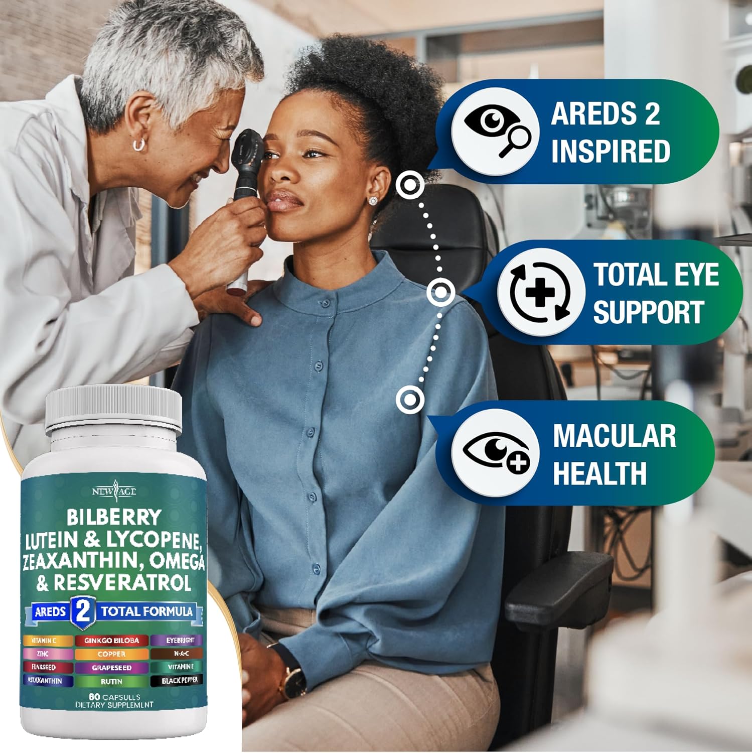 Eye Health Vitamins with Bilberry, Lutein, Zeaxanthin, Resveratrol, Grape Seed, and Astaxanthin - 60 Count