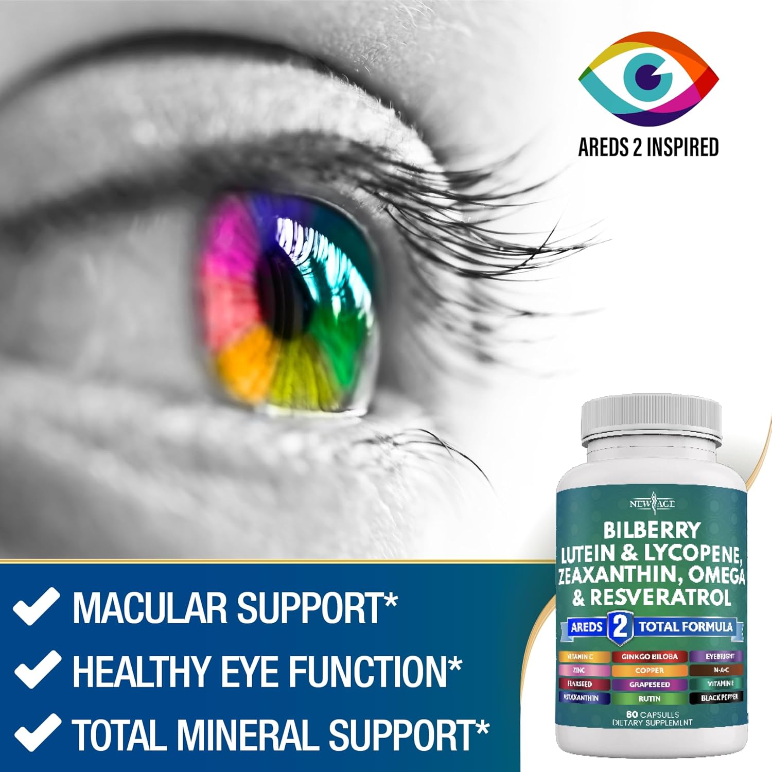 Eye Health Vitamins with Bilberry, Lutein, Zeaxanthin, Resveratrol, Grape Seed, and Astaxanthin - 60 Count