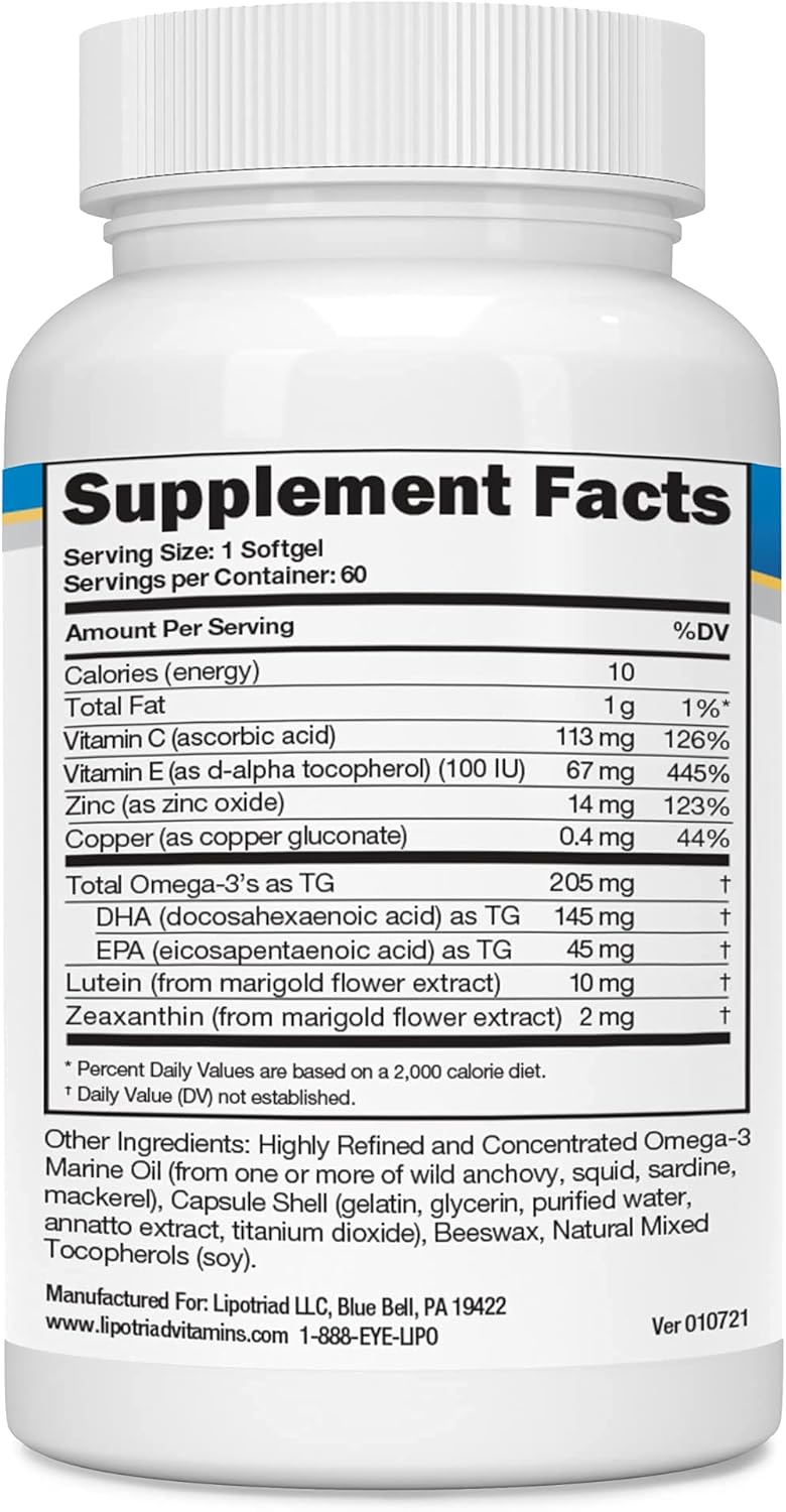 Eye Vitamin and Mineral Supplement with Zinc, Vitamins C & E, Omega 3, Lutein & Zeaxanthin - 60 Count by Lipotriad