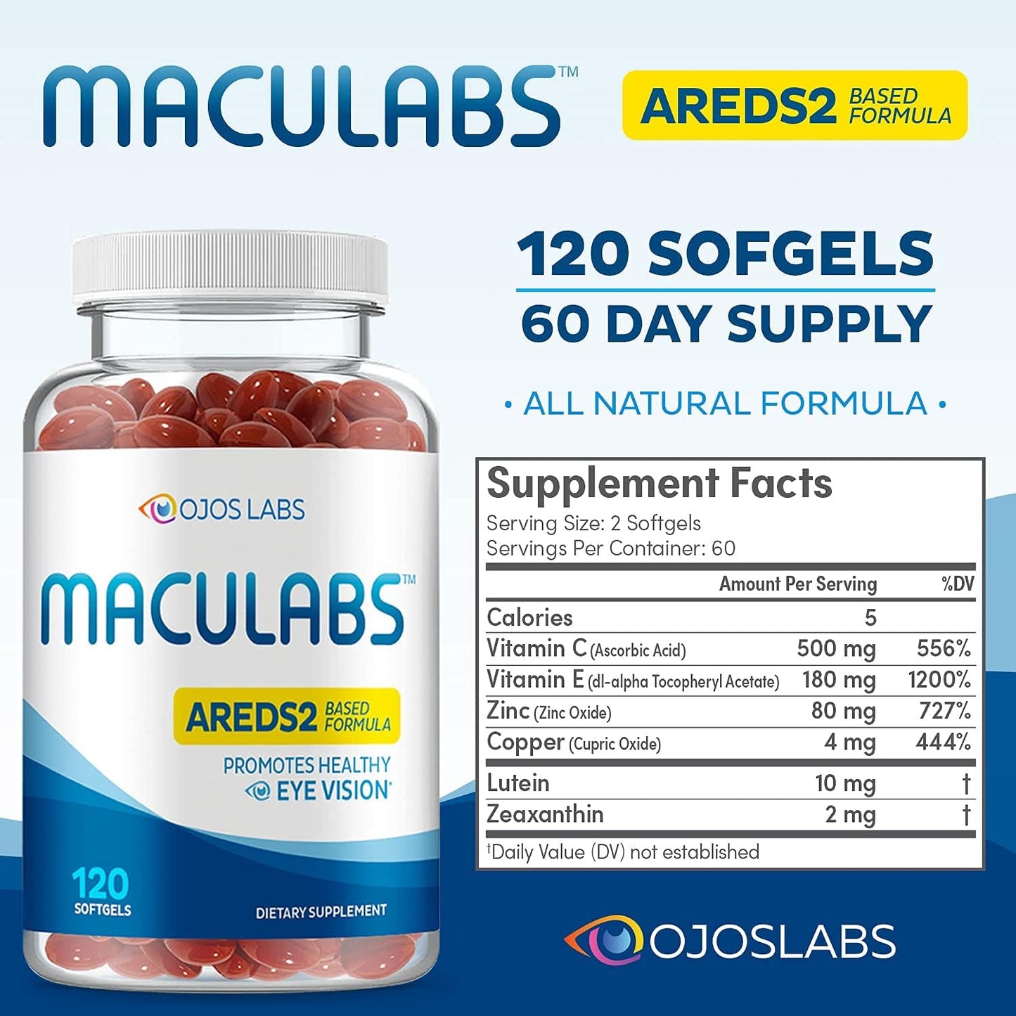 Eye Vitamins with Lutein & Zeaxanthin for Macular Health - Vision Supplements for Adults - 120 Softgels - Made in USA by OjosLabs
