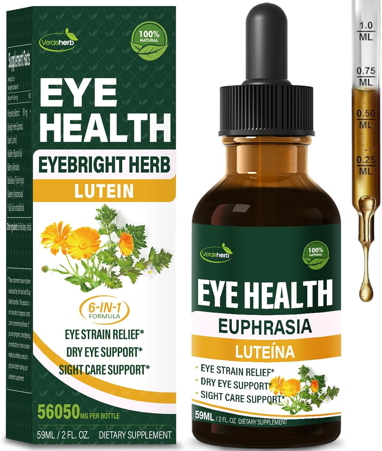 Eyebright Herb Eye Drops with Bilberry & Lutein - Liquid Supplement for Eye Strain Relief & Sight Care - 2oz