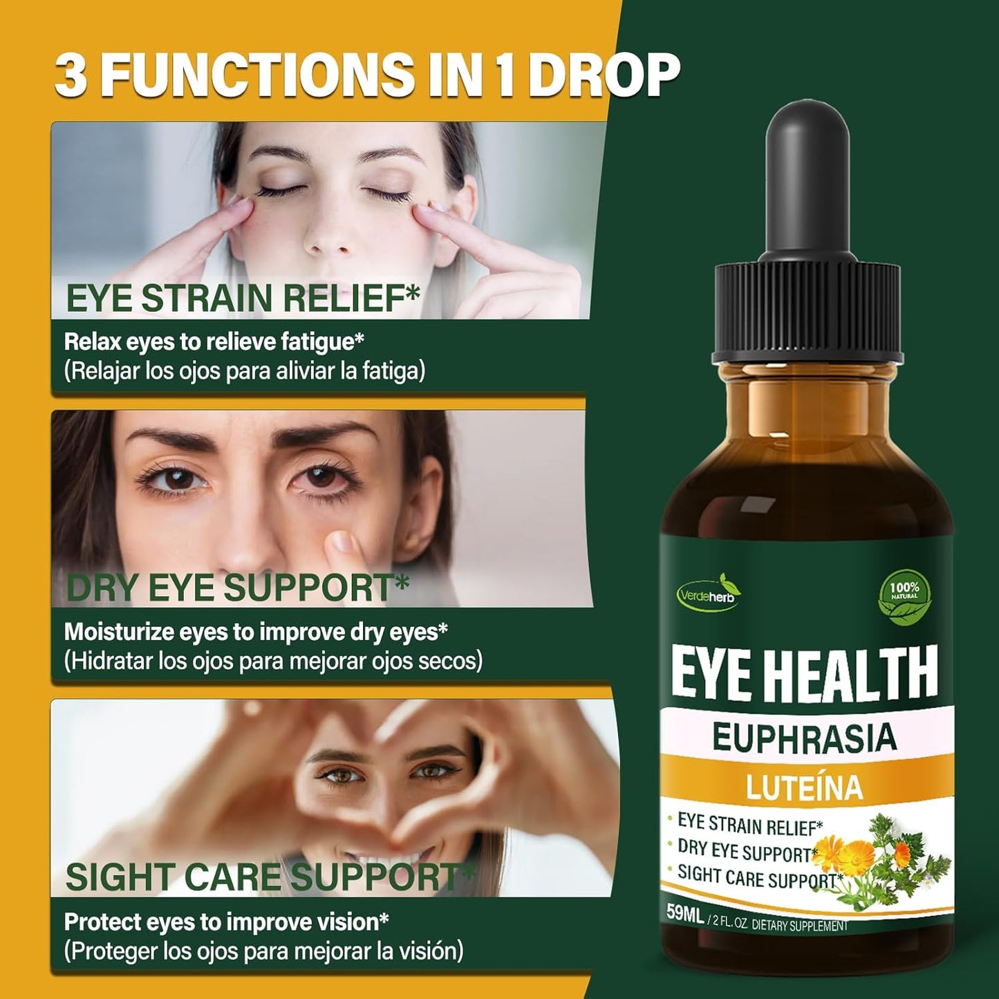 Eyebright Herb Eye Drops with Bilberry & Lutein - Liquid Supplement for Eye Strain Relief & Sight Care - 2oz