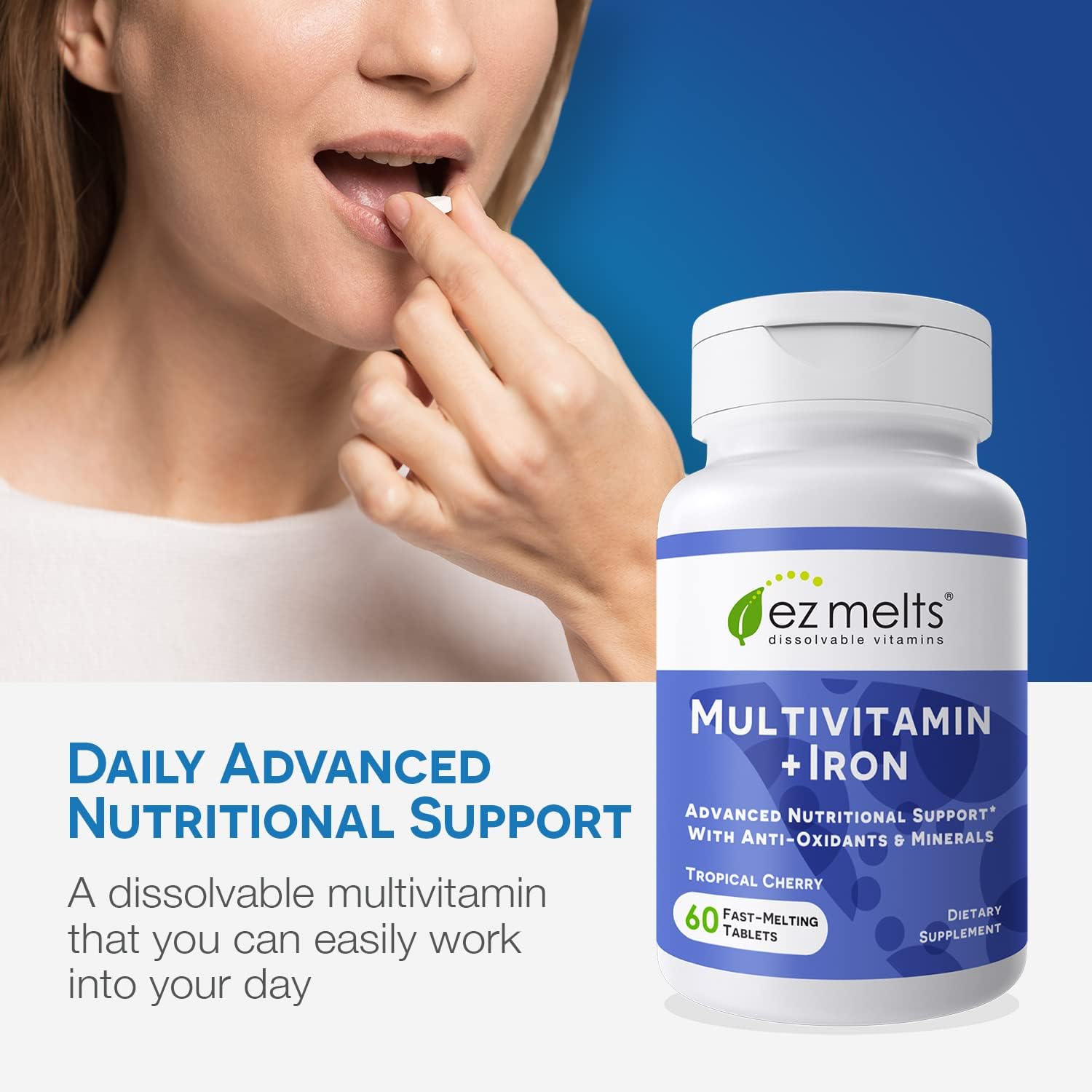 EZ Melts Iron Multivitamin Dissolvable Tablets for Women and Men, Sugar-Free, 30-Day Supply