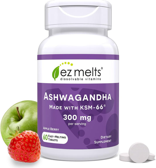 EZ Melts Sugar-Free KSM-66 Ashwagandha® 300mg Tablets for Stress, Sleep, and Mood Support, Apple Berry-Flavor, 30-Day Supply