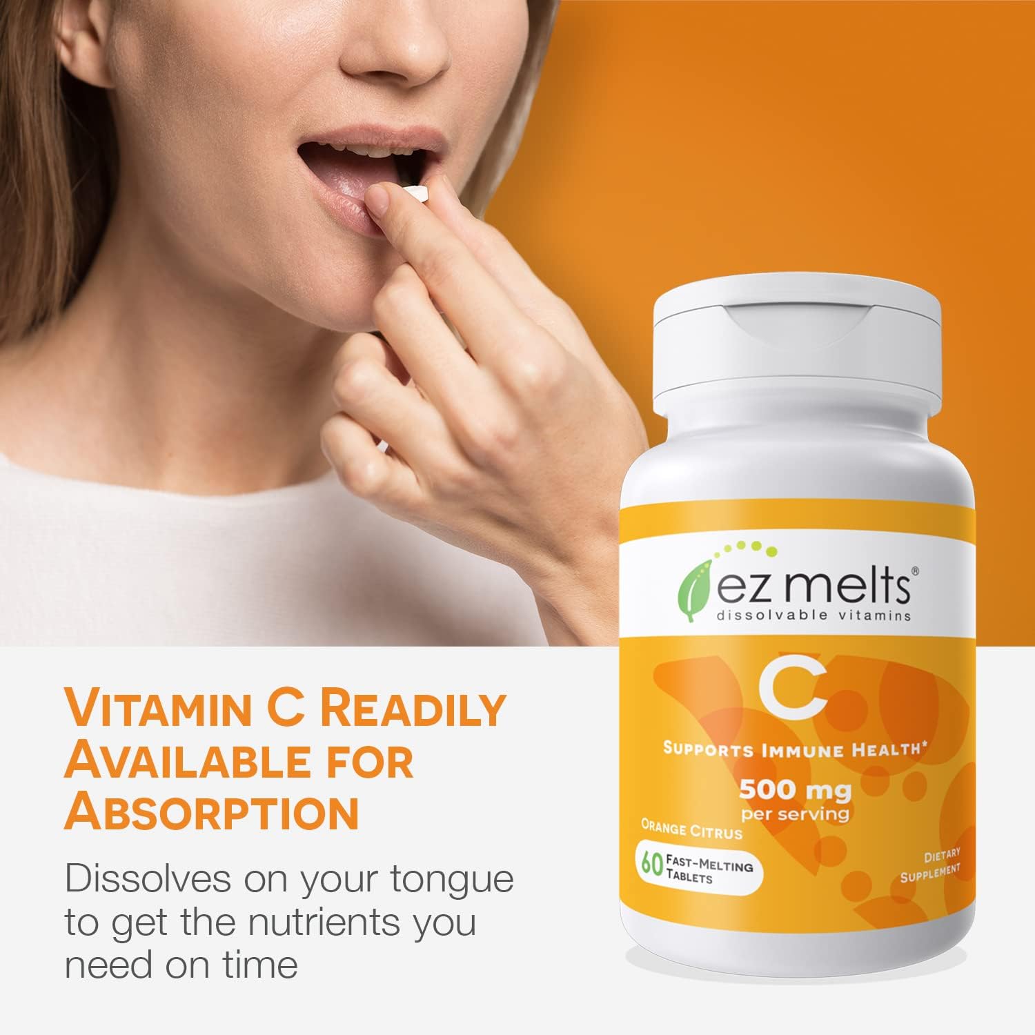 EZ Melts Sugar-Free Vitamin C 500 mg Tablets - Fast Dissolving, 30-Day Supply