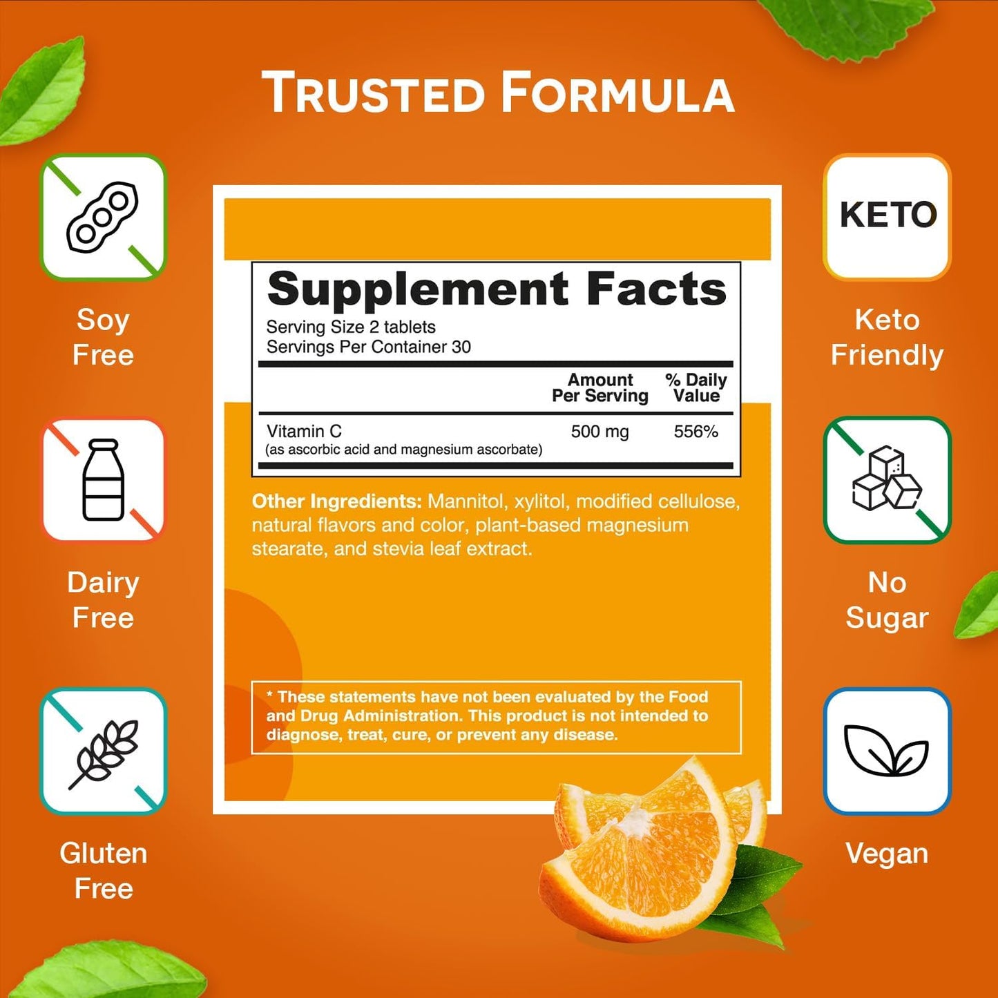 EZ Melts Sugar-Free Vitamin C 500 mg Tablets - Fast Dissolving, 30-Day Supply