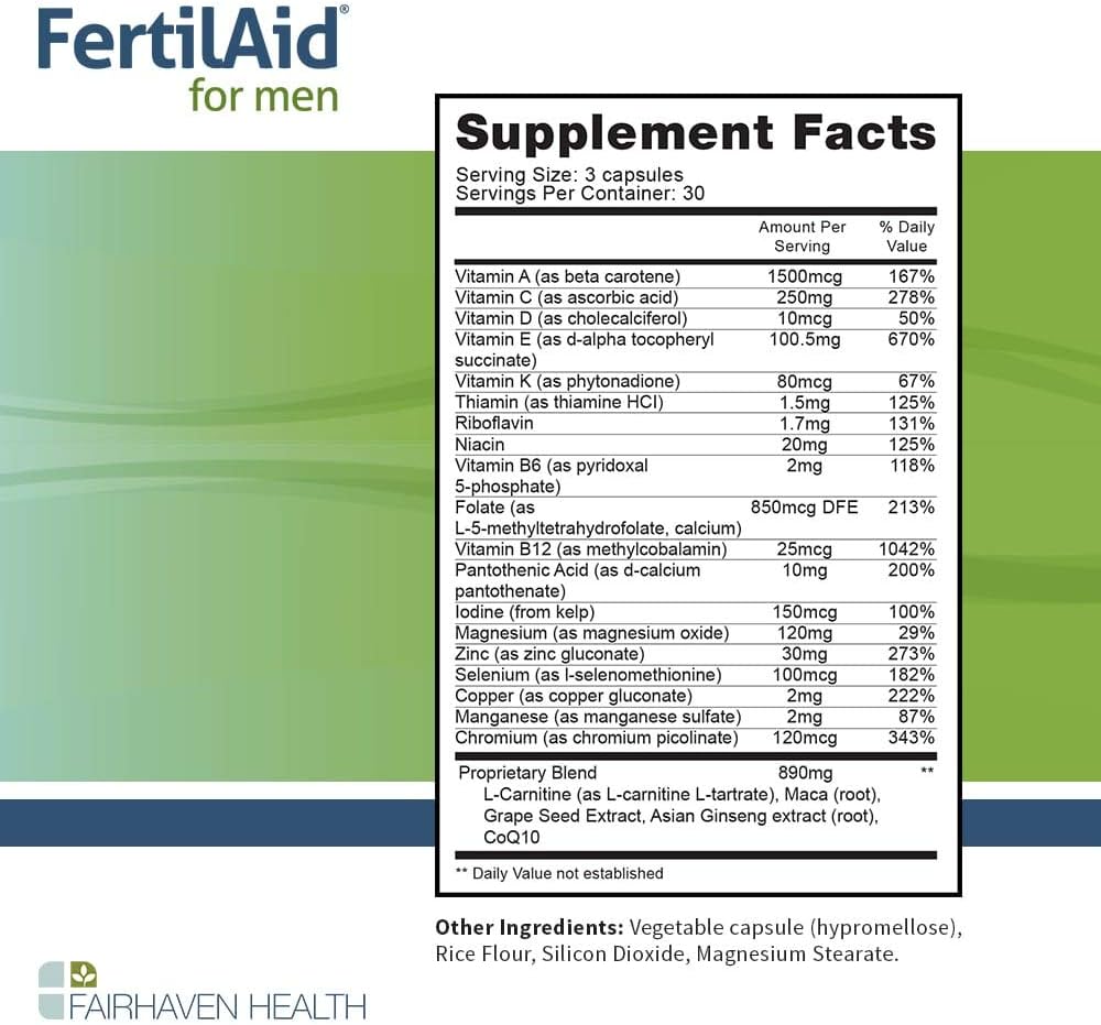 Fairhaven Health FertilAid for Men - 60 Day Supply, Male Fertility & Prenatal Vitamin with Maca, L-Carnitine, CoQ10, Methylfolate, Zinc, and VIT D for Support
