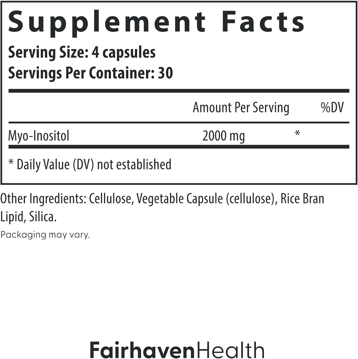 Fairhaven Health Myo-Inositol Supplement 2000mg | Vitamin B8 for Women | Vegan Inositol Capsules | 120 Count