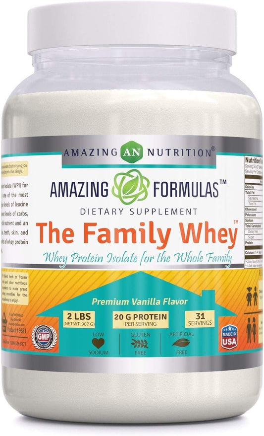 Family Whey Protein Isolate Powder - 2 lbs - Purest Protein Source - Gluten Free Vanilla Flavor - Great Nutrition