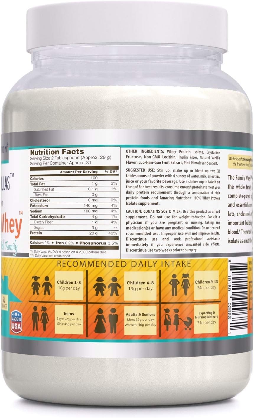 Family Whey Protein Isolate Powder - 2 lbs - Purest Protein Source - Gluten Free Vanilla Flavor - Great Nutrition