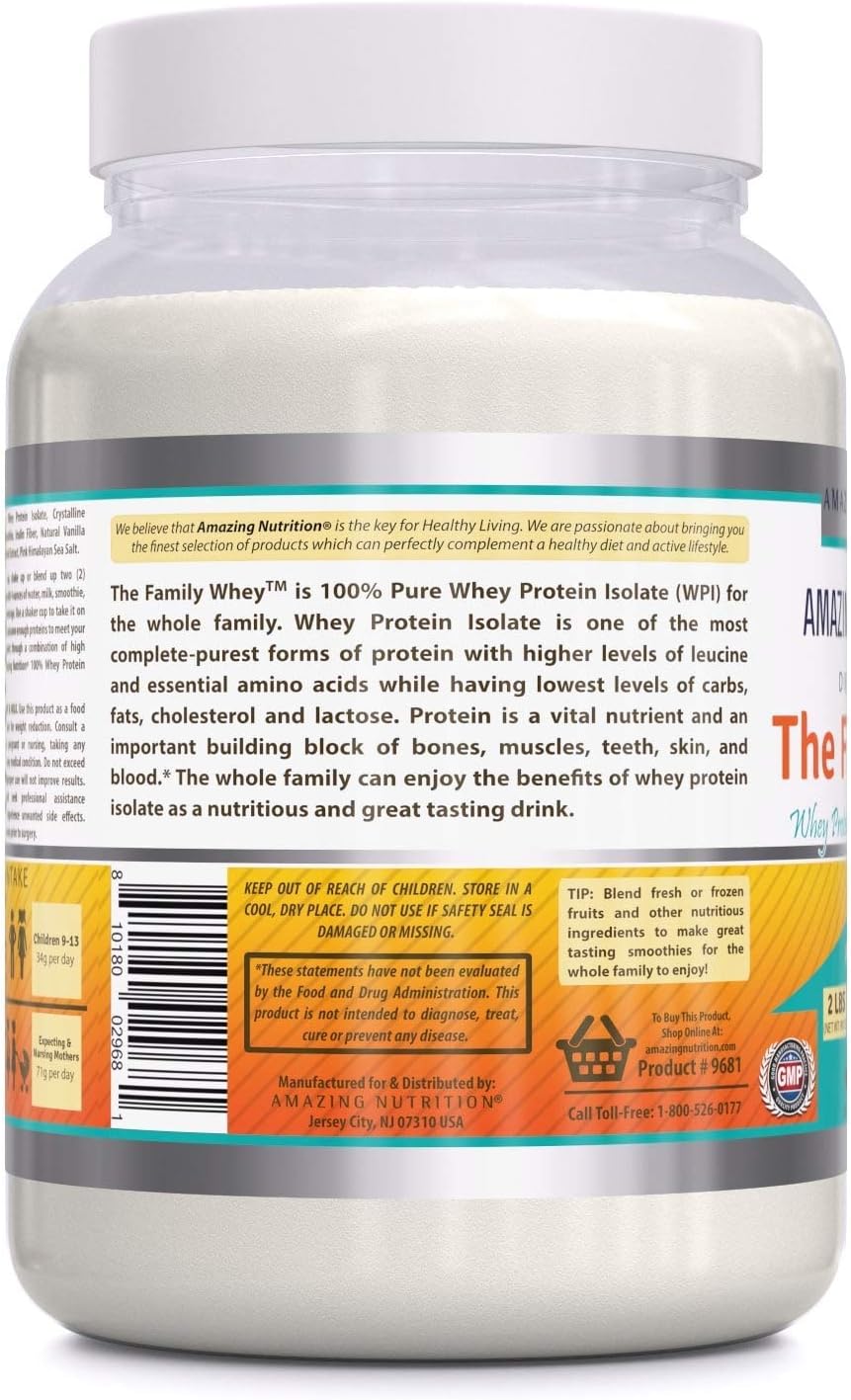 Family Whey Protein Isolate Powder - 2 lbs - Purest Protein Source - Gluten Free Vanilla Flavor - Great Nutrition