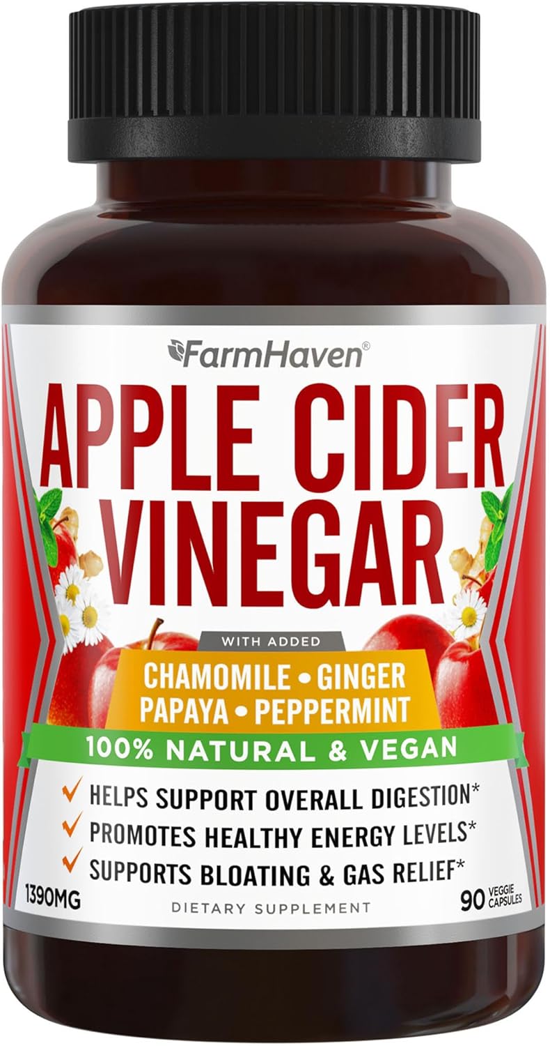 FarmHaven Apple Cider Vinegar Capsules with Ginger, Papaya, and Chamomile - 1390mg - Boosts Digestion, Energy, and Immunity - Relieves Gas and Bloating - Non-GMO - 90 Capsules