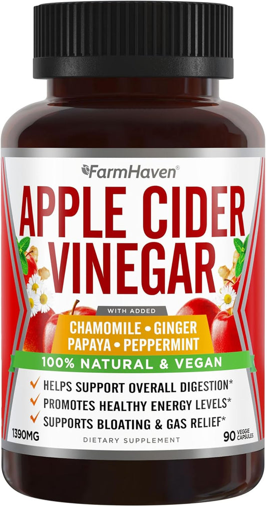 FarmHaven Apple Cider Vinegar Capsules with Ginger, Papaya, and Chamomile - 1390mg - Boosts Digestion, Energy, and Immunity - Relieves Gas and Bloating - Non-GMO - 90 Capsules
