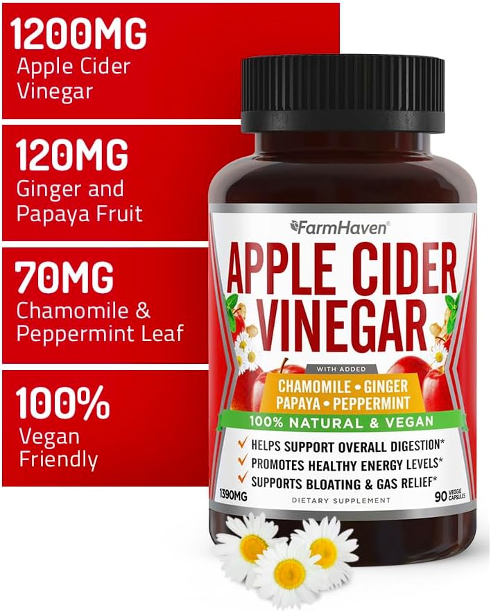 FarmHaven Apple Cider Vinegar Capsules with Ginger, Papaya, and Chamomile - 1390mg - Boosts Digestion, Energy, and Immunity - Relieves Gas and Bloating - Non-GMO - 90 Capsules