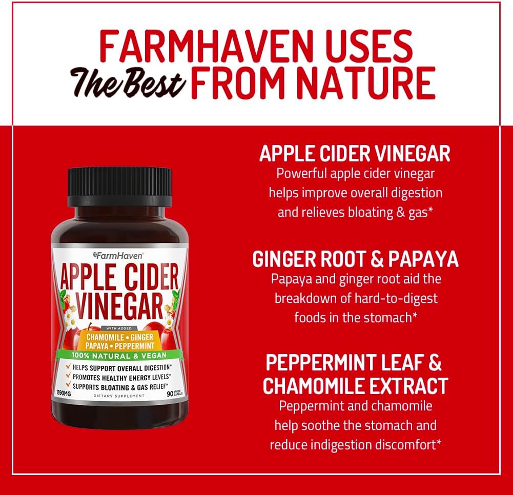 FarmHaven Apple Cider Vinegar Capsules with Ginger, Papaya, and Chamomile - 1390mg - Boosts Digestion, Energy, and Immunity - Relieves Gas and Bloating - Non-GMO - 90 Capsules