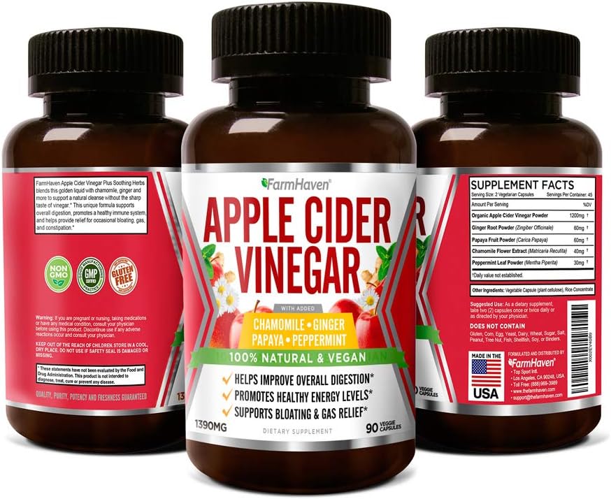 FarmHaven Apple Cider Vinegar Capsules with Ginger, Papaya, and Chamomile - 1390mg - Boosts Digestion, Energy, and Immunity - Relieves Gas and Bloating - Non-GMO - 90 Capsules