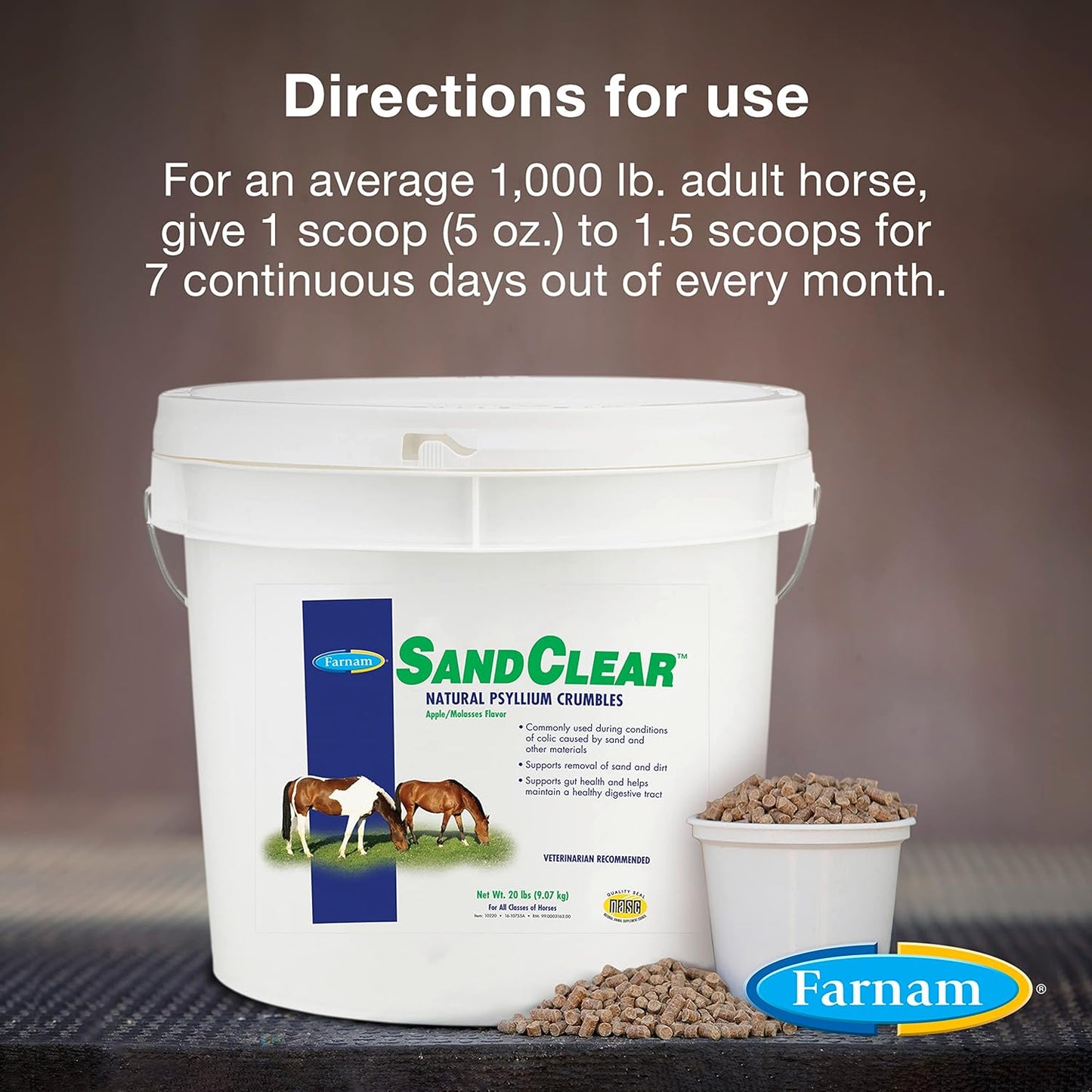 Farnam Sand Clear Natural Psyllium Crumbles for Horses, Veterinarian Recommended, 20 lbs, 64 Scoops