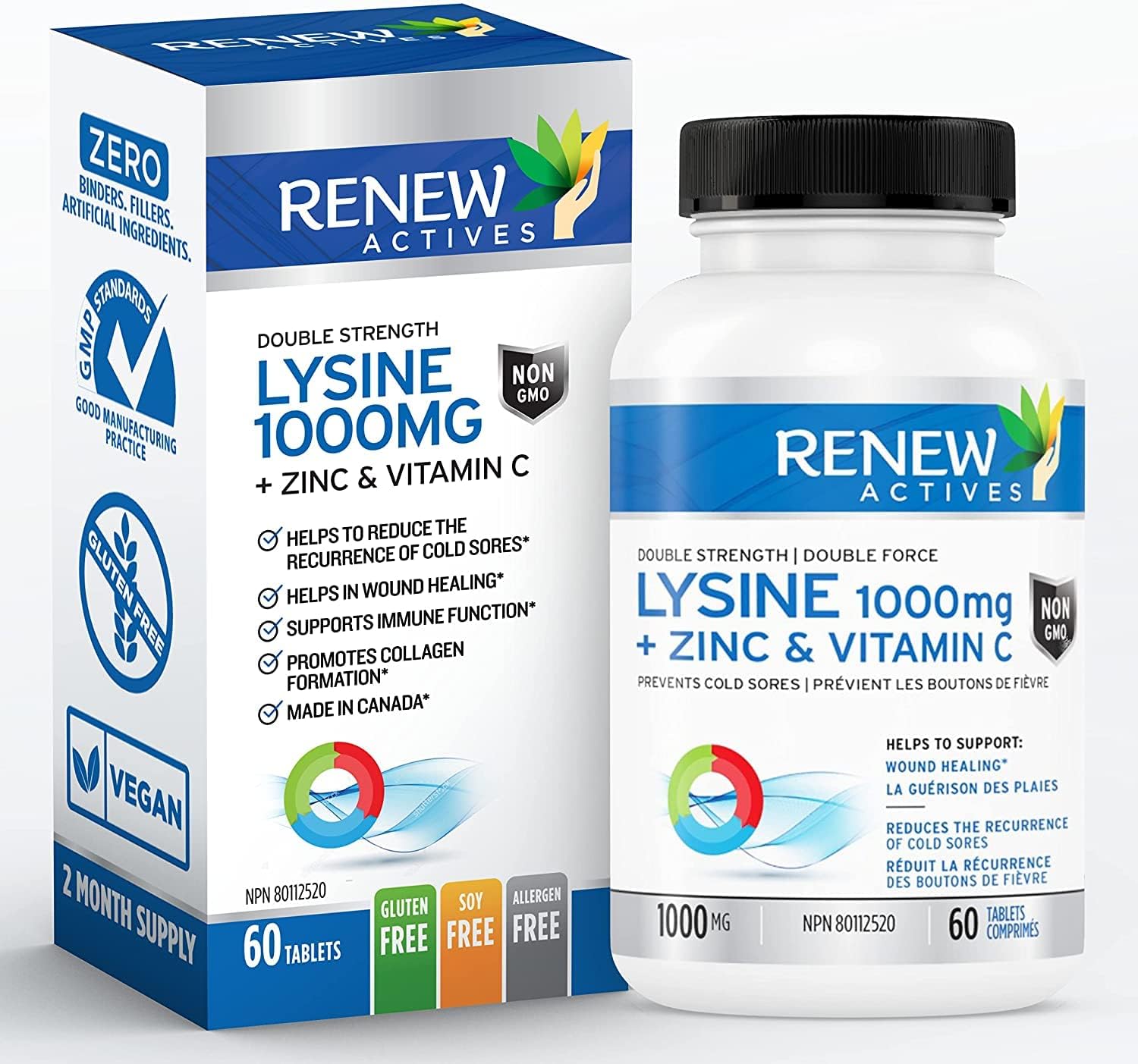 Fast-Acting L-Lysine 1000mg with Zinc & Vitamin C for Cold Sore Relief - Promotes Healthy Skin, Hair & Nails - 60 Vegan Tablets