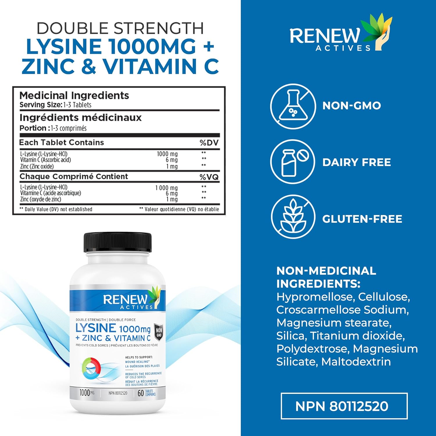 Fast-Acting L-Lysine 1000mg with Zinc & Vitamin C for Cold Sore Relief - Promotes Healthy Skin, Hair & Nails - 60 Vegan Tablets