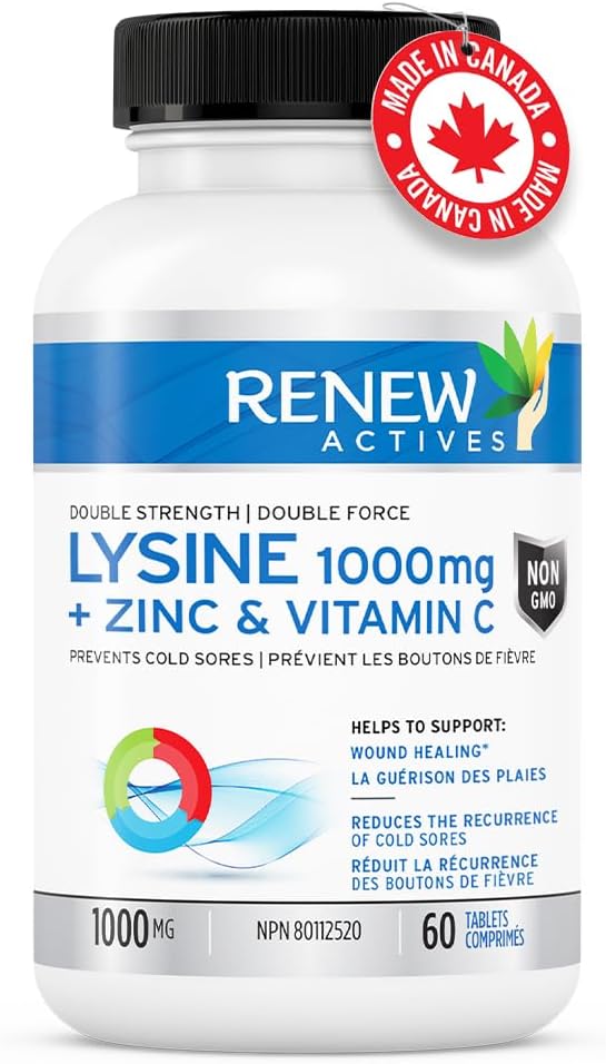 Fast-Acting L-Lysine 1000mg with Zinc & Vitamin C for Cold Sore Relief - Promotes Healthy Skin, Hair & Nails - 60 Vegan Tablets