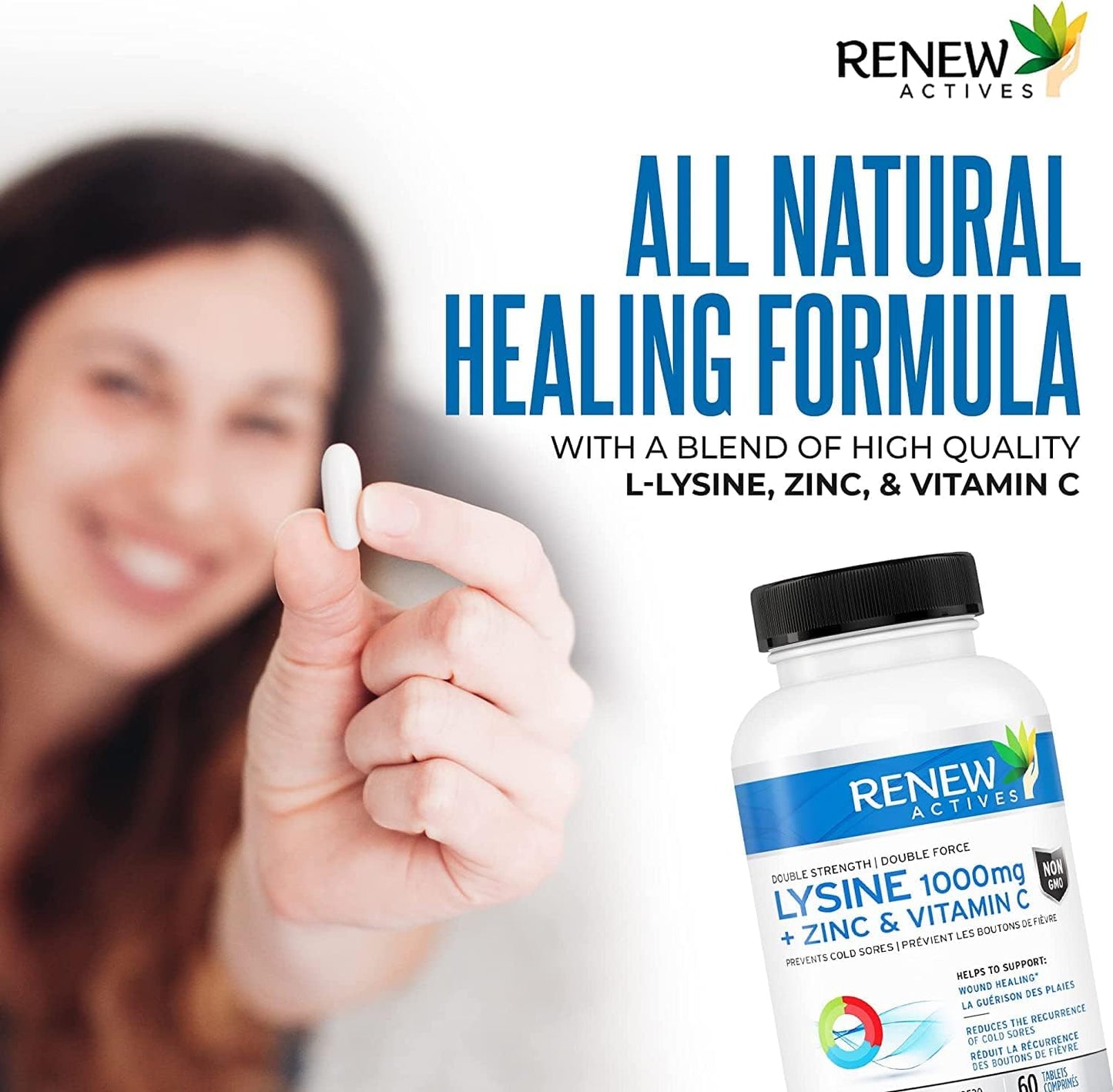 Fast-Acting L-Lysine 1000mg with Zinc & Vitamin C for Cold Sore Relief - Promotes Healthy Skin, Hair & Nails - 60 Vegan Tablets