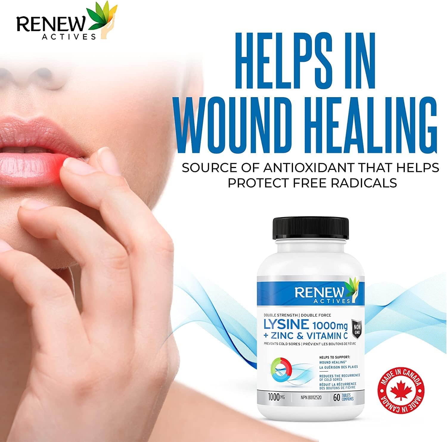 Fast-Acting L-Lysine 1000mg with Zinc & Vitamin C for Cold Sore Relief - Promotes Healthy Skin, Hair & Nails - 60 Vegan Tablets