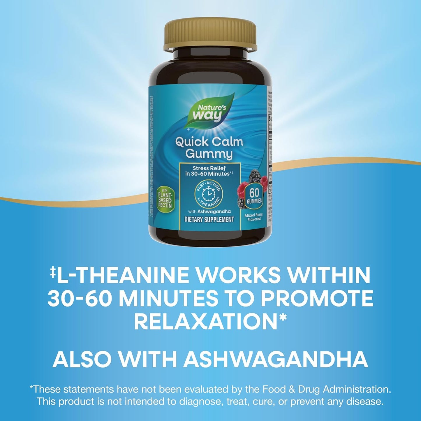 Fast-Acting Nature's Way Quick Calm Gummies with L-Theanine and Ashwagandha for Stress Relief - 60 Vegetarian Mixed Berry Flavored Gummies