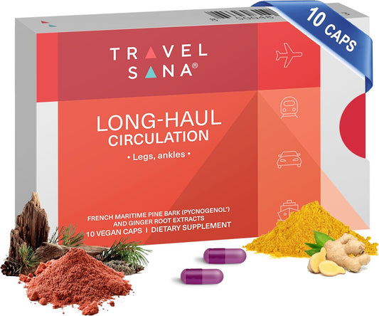 Fast-Acting TRAVELSANA Long-Haul Circulation Support Capsules with Pycnogenol & Ginger Root Extract