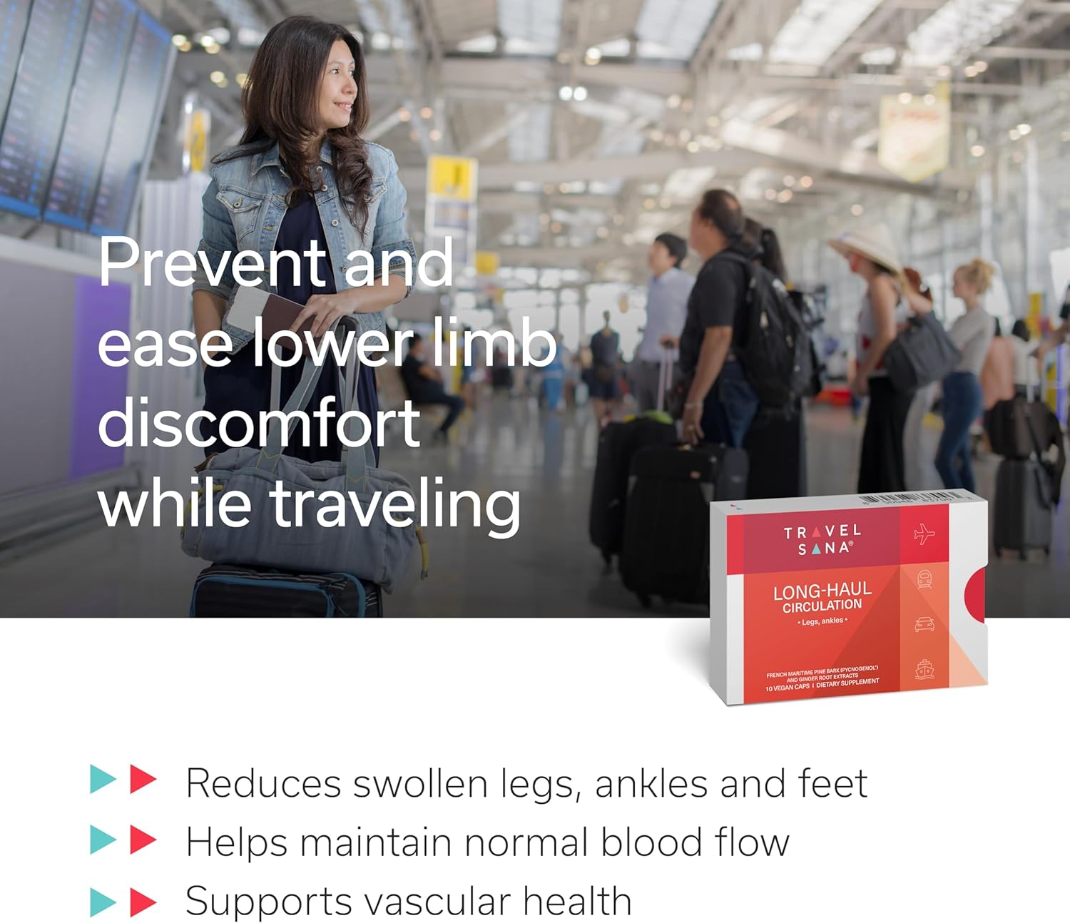 Fast-Acting TRAVELSANA Long-Haul Circulation Support Capsules with Pycnogenol & Ginger Root Extract