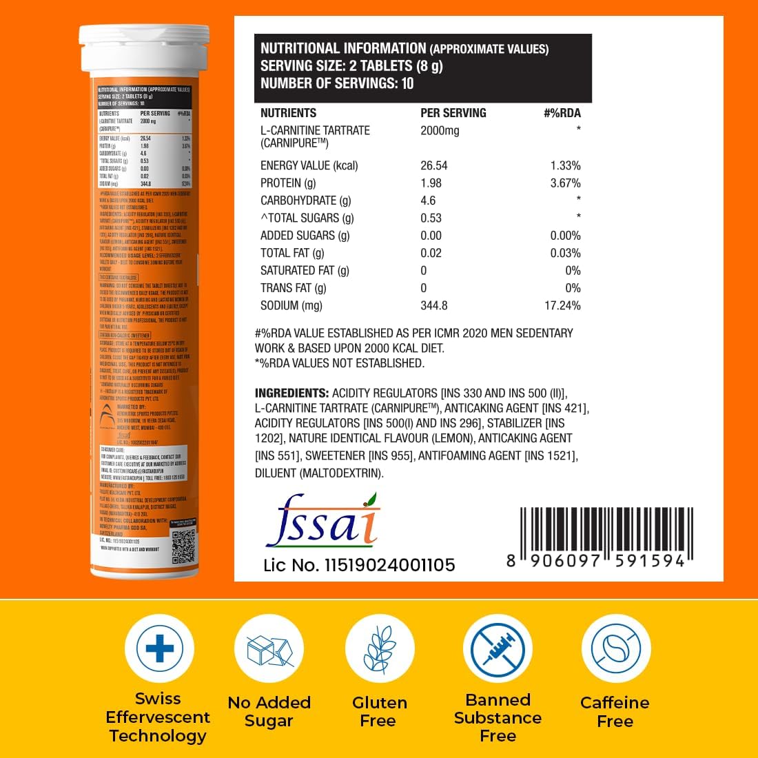 Fast and Up L-Carnitine Effervescent Tablets - 2000mg Carnipure L-Carnitine for Energy & Lean Body, Lemon Flavour - Pack of 20