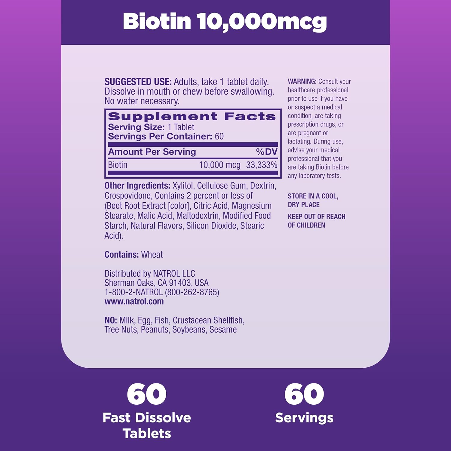Fast-Dissolve Natrol Biotin 10000mcg Supplement for Hair, Skin, Nails & Energy - 60 Tablets, 60 Day Supply