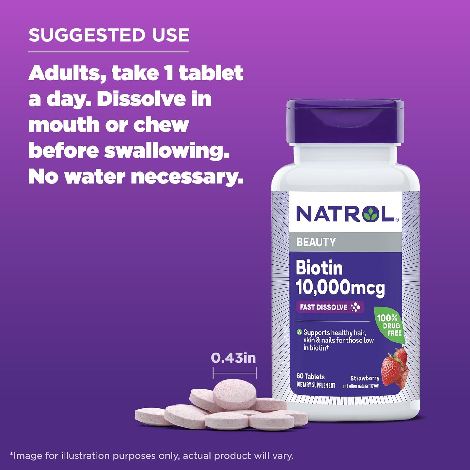 Fast-Dissolve Natrol Biotin 10000mcg Supplement for Hair, Skin, Nails & Energy - 60 Tablets, 60 Day Supply