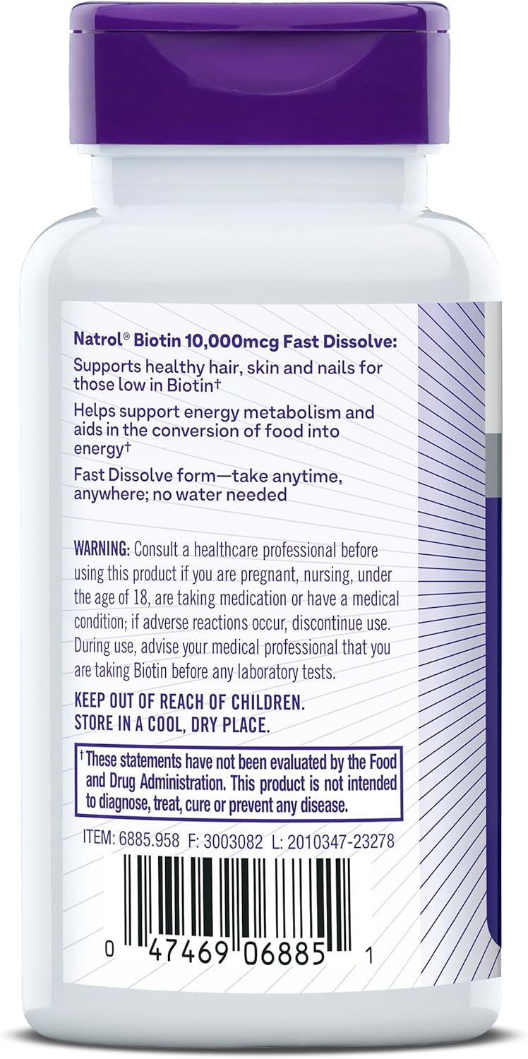 Fast-Dissolve Natrol Biotin 10000mcg Supplement for Hair, Skin, Nails & Energy - 60 Tablets, 60 Day Supply