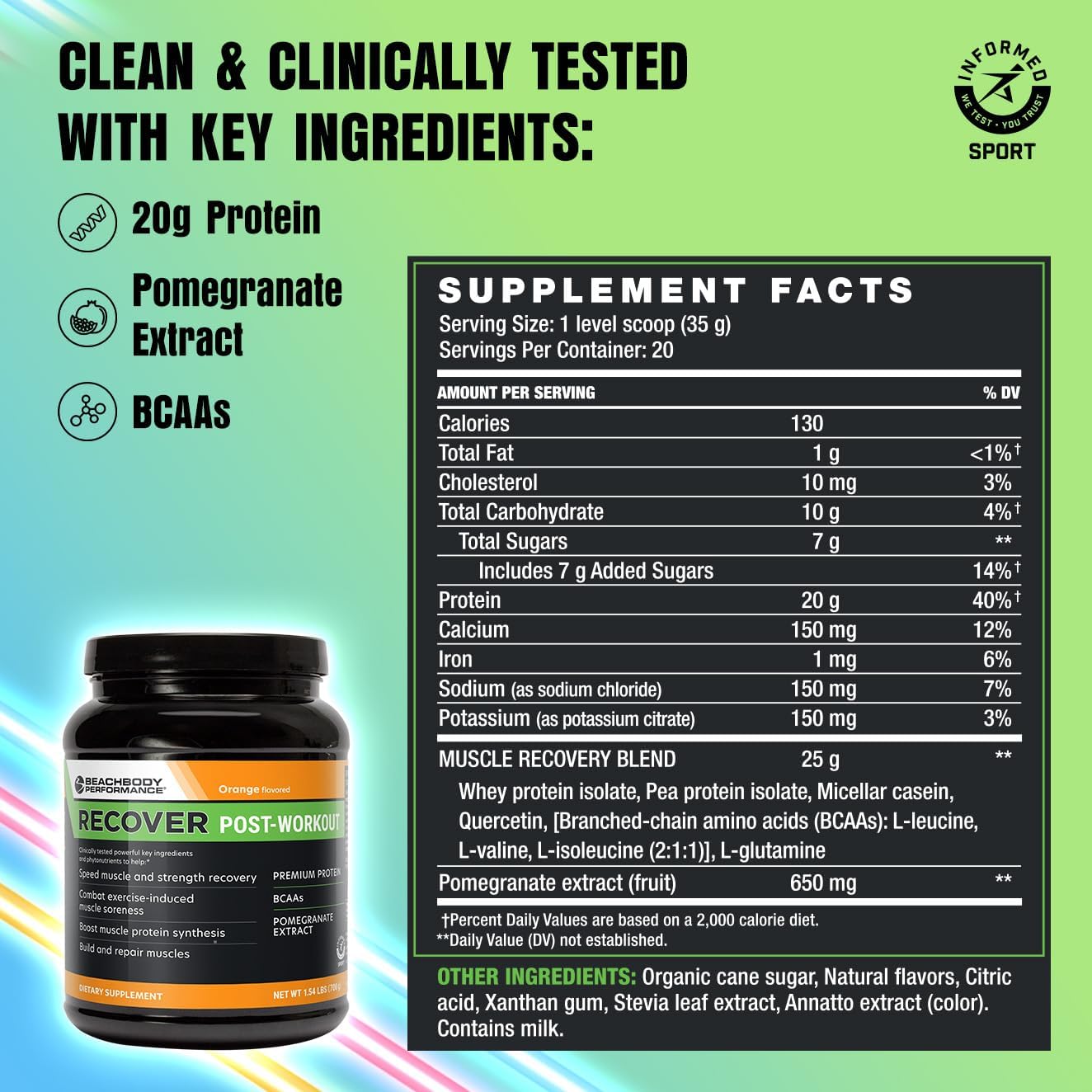 Fast Recovery Post-Workout Orange Whey Protein Powder with BCAAs and Pomegranate Extract - 20g Protein - 20 Servings