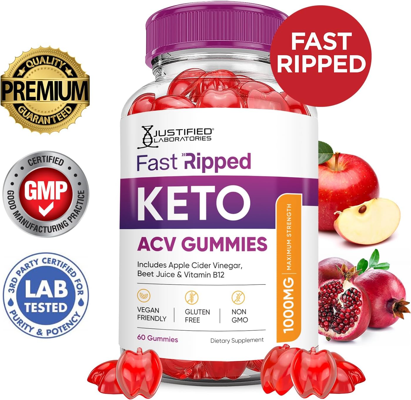 Fast Ripped Keto ACV Gummies with Pomegranate Beet Juice Powder - 1000MG Formula - 60 Vegan Gummys