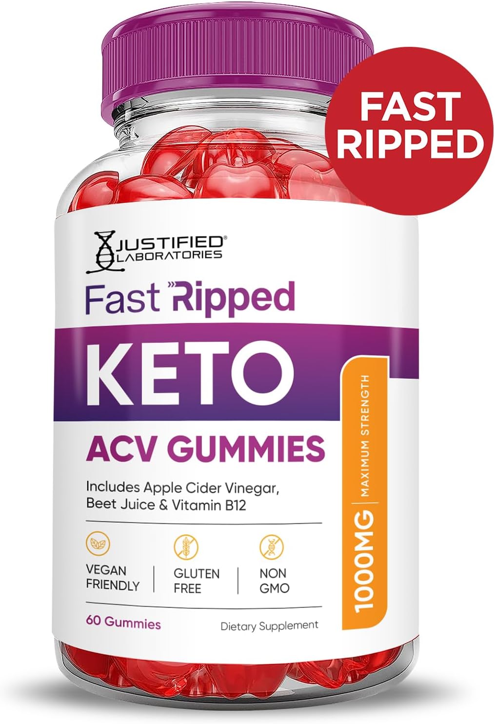 Fast Ripped Keto ACV Gummies with Pomegranate Beet Juice Powder - 1000MG Formula - 60 Vegan Gummys