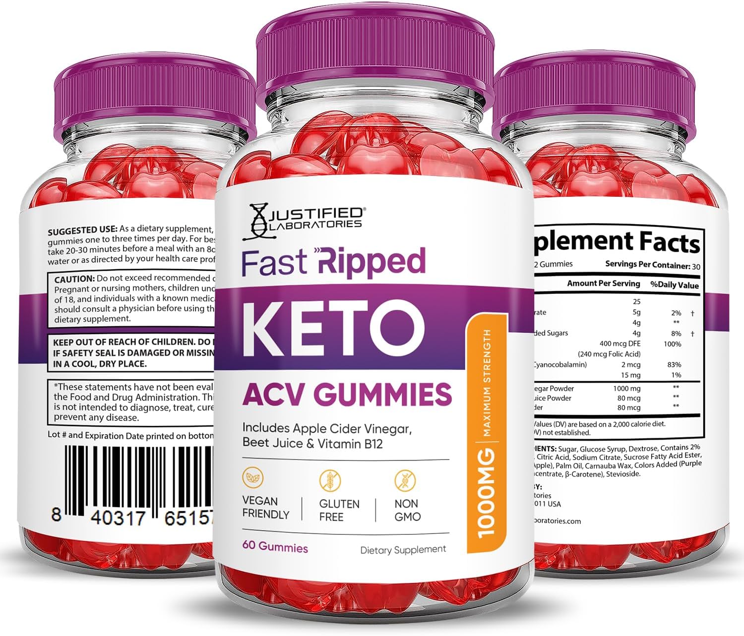 Fast Ripped Keto ACV Gummies with Pomegranate Beet Juice Powder - 1000MG Formula - 60 Vegan Gummys