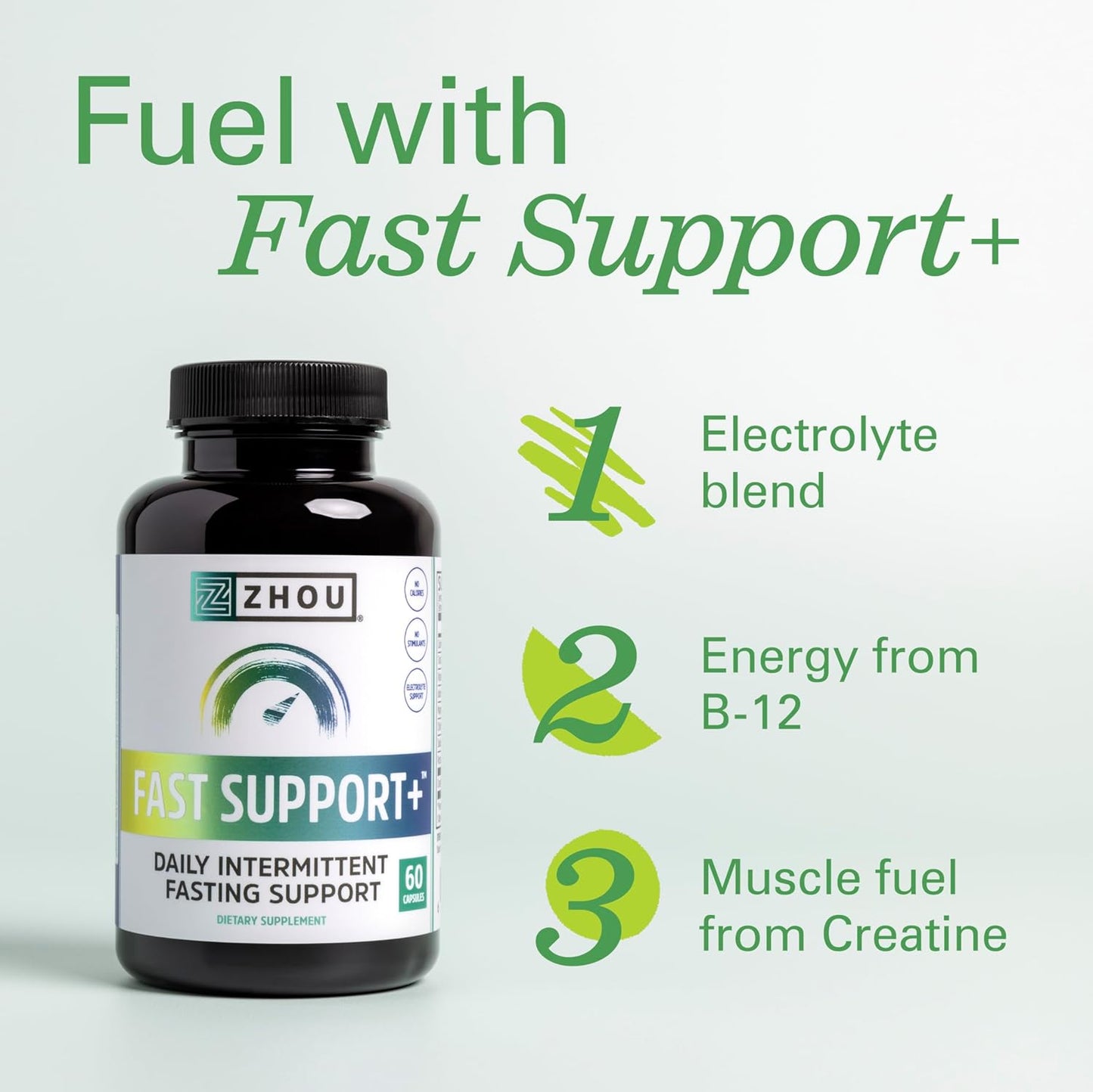 Fast Support+ Intermittent Fasting Supplement with Vitamin B12 and Electrolytes for Energy and Physical Performance, 60 Veg Caps