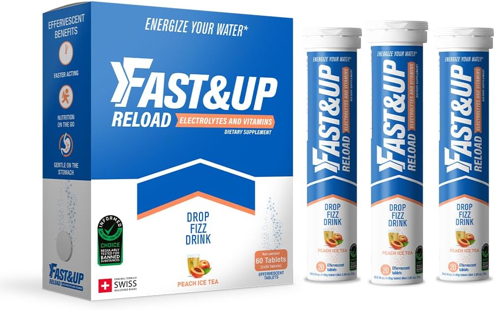 Fast&Up Reload Peach Ice Tea - 60 Effervescent Tablets for Instant Hydration & Electrolyte Replenishment - Saver Multipack