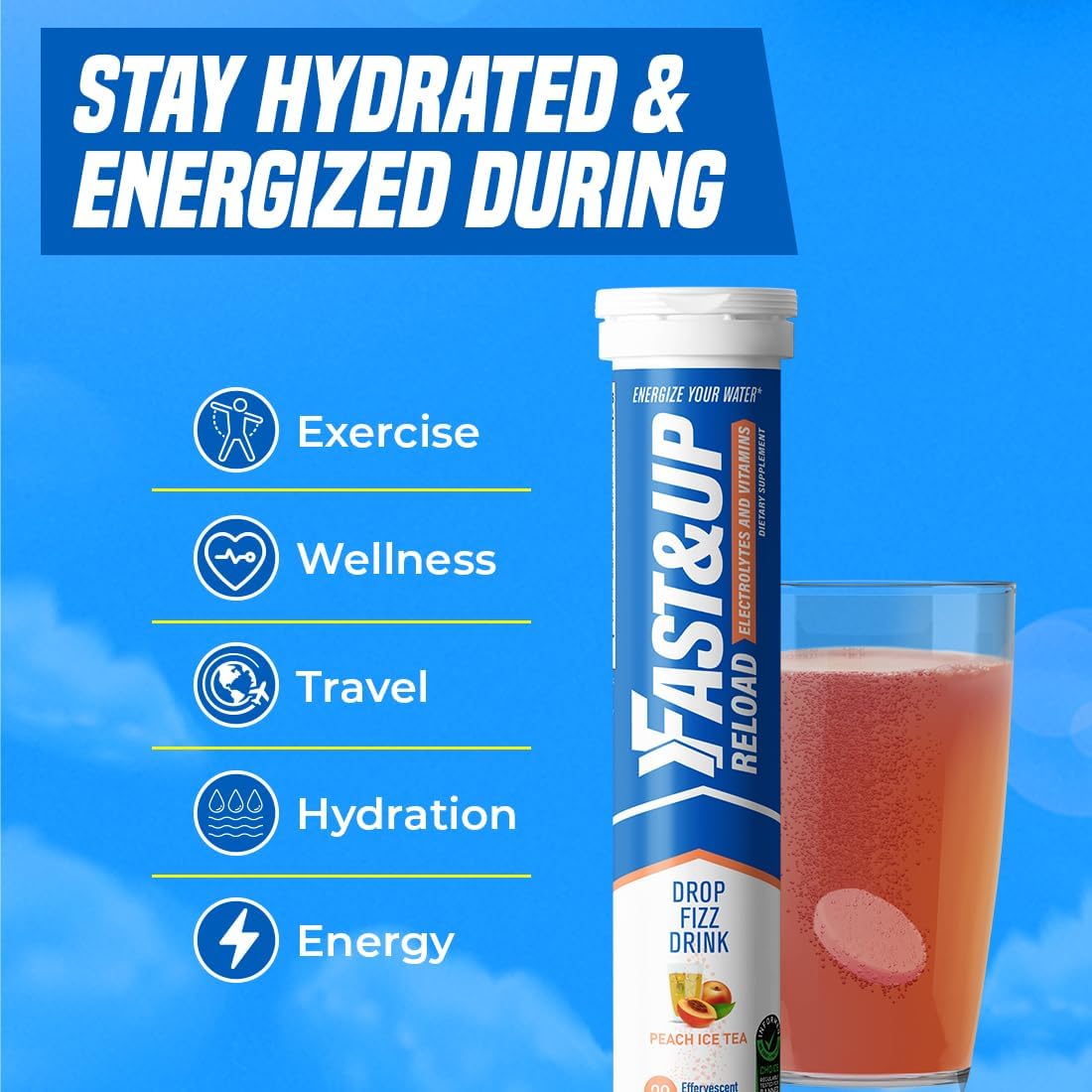 Fast&Up Reload Peach Ice Tea - 60 Effervescent Tablets for Instant Hydration & Electrolyte Replenishment - Saver Multipack