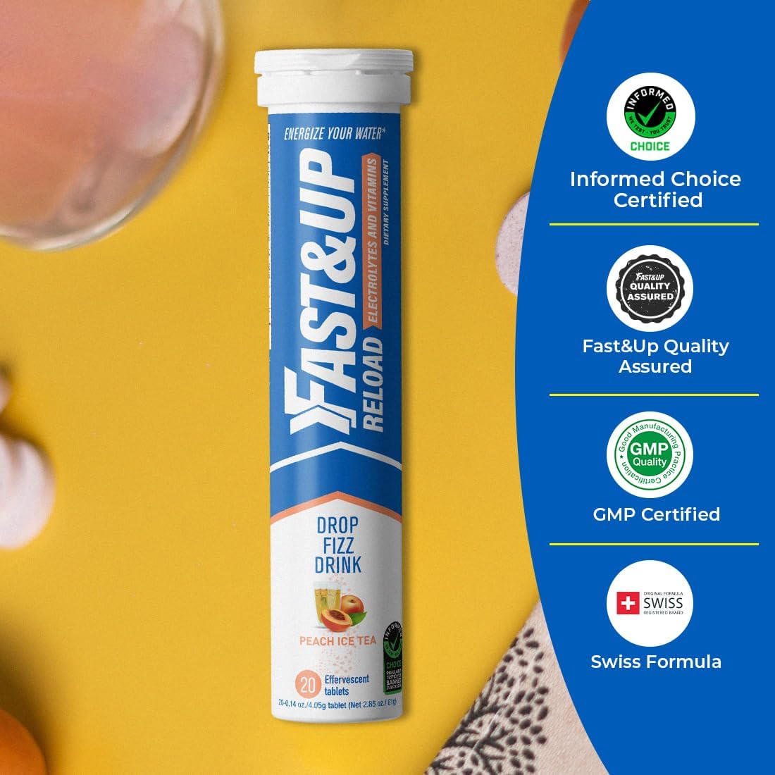 Fast&Up Reload Peach Ice Tea - 60 Effervescent Tablets for Instant Hydration & Electrolyte Replenishment - Saver Multipack