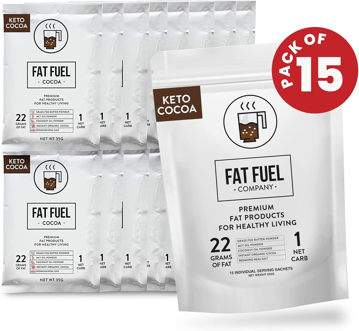 Fat Fuel Keto Cocoa: 22g Premium Fats with Grass Fed Butter, MCT Oil, Coconut & Real Salt - Instant Organic Cocoa for True Meal Replacement - 15 Servings