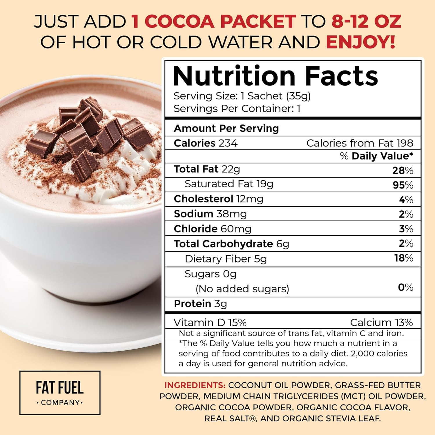 Fat Fuel Keto Cocoa: 22g Premium Fats with Grass Fed Butter, MCT Oil, Coconut & Real Salt - Instant Organic Cocoa for True Meal Replacement - 15 Servings