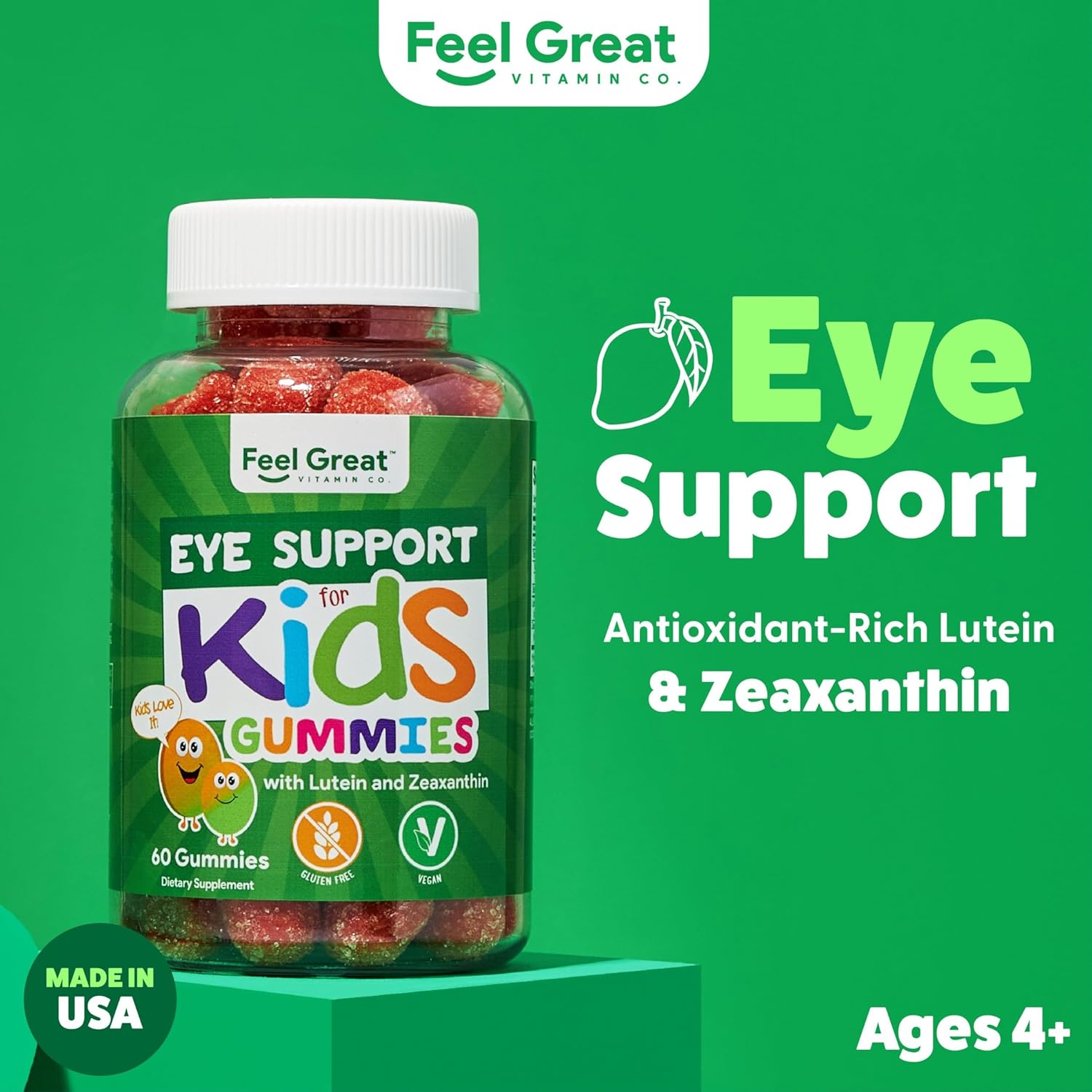Feel Great Kids Gummy Vitamins with Lutein and Zeaxanthin for Healthy Eyes - Mango Flavored, Vegan, Gluten Free - 60 Day Supply