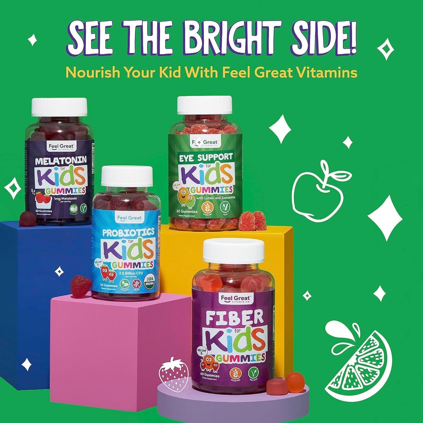 Feel Great Kids Gummy Vitamins with Lutein and Zeaxanthin for Healthy Eyes - Mango Flavored, Vegan, Gluten Free - 60 Day Supply