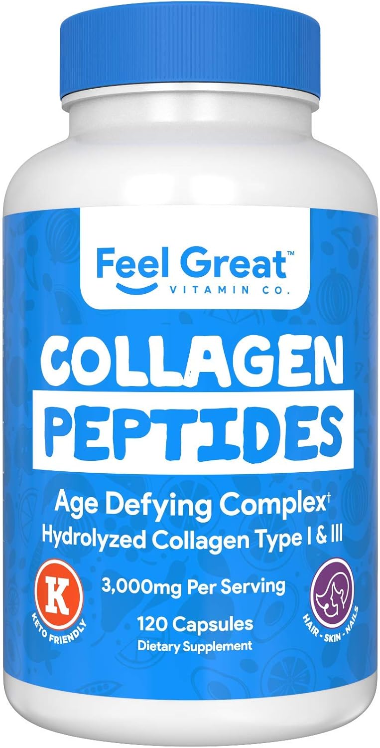 Feel Great Vitamin Co. Hydrolyzed Collagen Peptides Capsules (Type I & III) - Hair, Skin, and Nails Supplement - Wheat-Free, Keto, Paleo Friendly