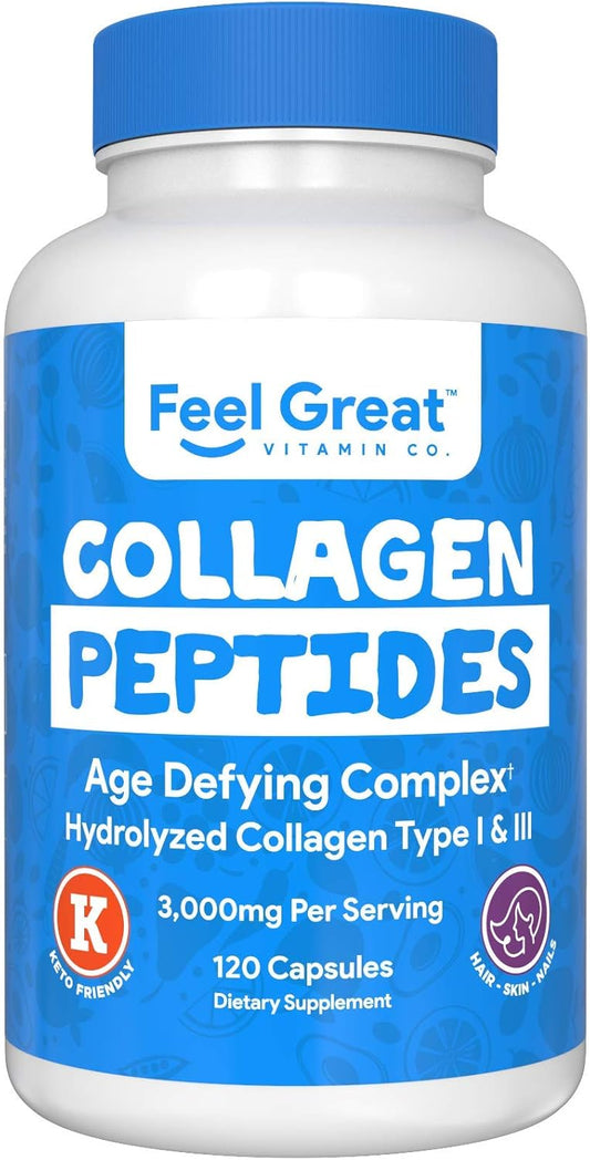 Feel Great Vitamin Co. Hydrolyzed Collagen Peptides Capsules (Type I & III) - Hair, Skin, and Nails Supplement - Wheat-Free, Keto, Paleo Friendly