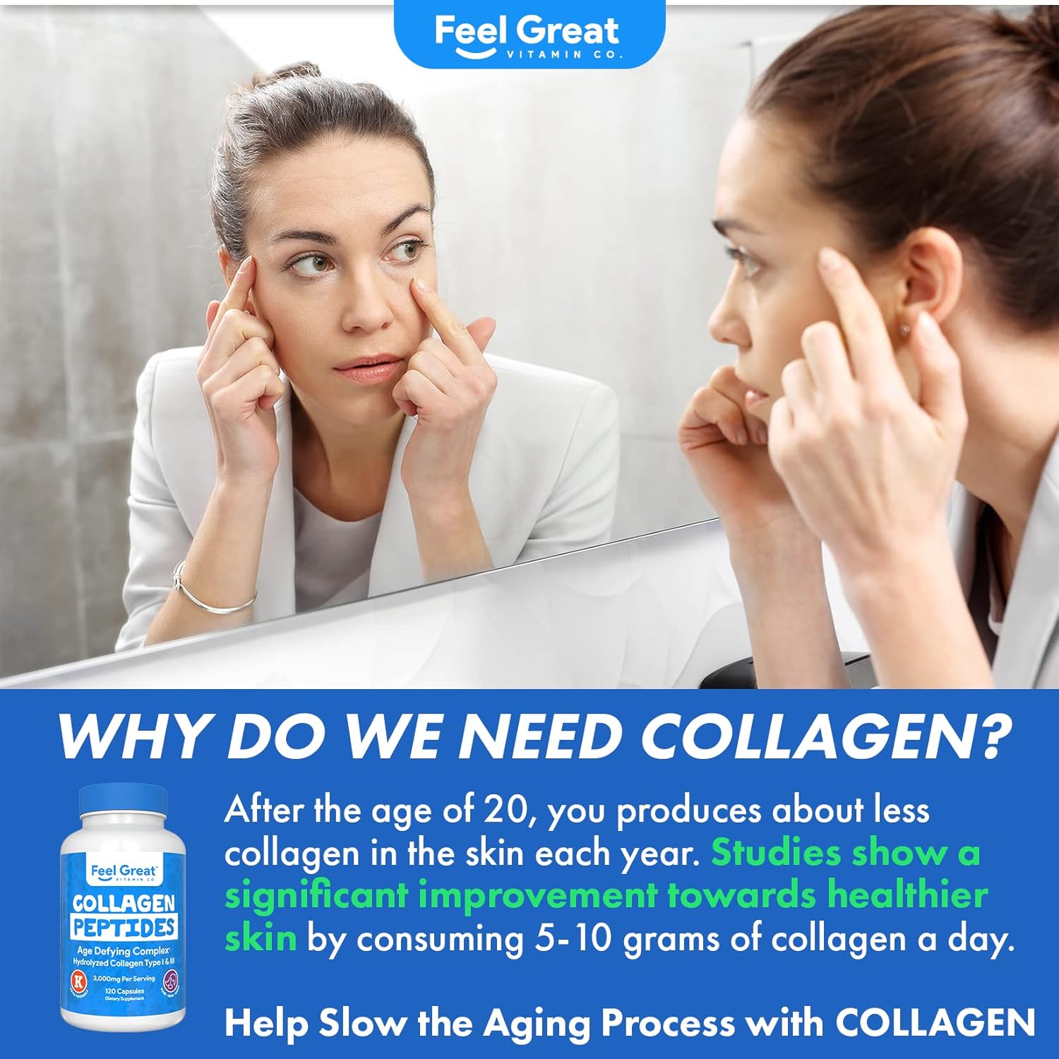 Feel Great Vitamin Co. Hydrolyzed Collagen Peptides Capsules (Type I & III) - Hair, Skin, and Nails Supplement - Wheat-Free, Keto, Paleo Friendly