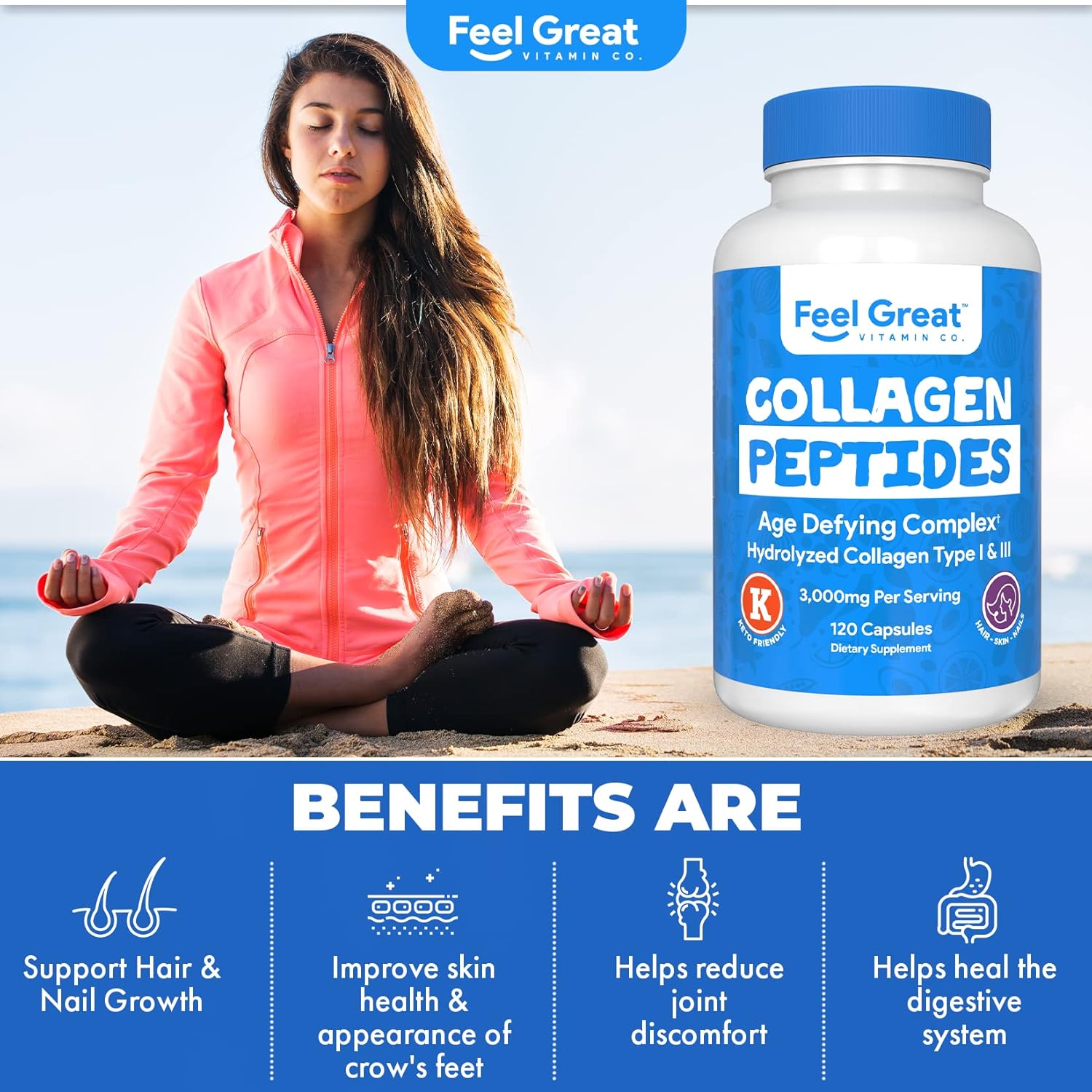 Feel Great Vitamin Co. Hydrolyzed Collagen Peptides Capsules (Type I & III) - Hair, Skin, and Nails Supplement - Wheat-Free, Keto, Paleo Friendly