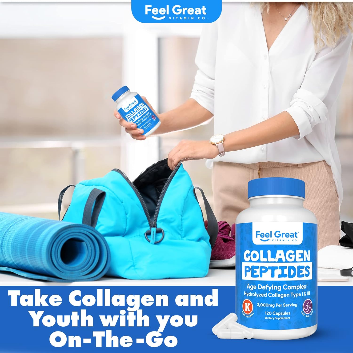 Feel Great Vitamin Co. Hydrolyzed Collagen Peptides Capsules (Type I & III) - Hair, Skin, and Nails Supplement - Wheat-Free, Keto, Paleo Friendly